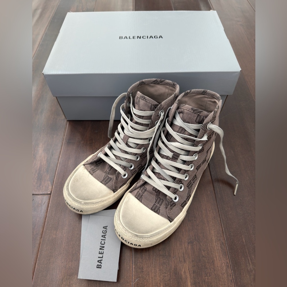BALENCIAGA Paris High Top Monogram Distressed Sneakers